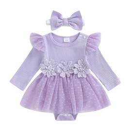 Hnyenmcko Newborn Baby Girl Romper Dress Long Sleeve 3D Flower Embroidery Tulle Dresses Jumpsuit Fall Winter Outfits Set (Tulle-Purple, 3-6 Months)