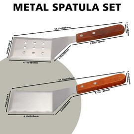 Realand Metal Spatula for Cooking Cast Iron, 2pcs Griddle Spatula Heavy Duty Stainless Steel Spatula Set, Flat Grill Spatula Fish Burger Spatula Turner for Kitchen Use, Strong Wooden Handle