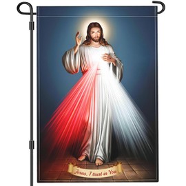 Cuiliqun Divine Mercy Jesus Garden Flag Christian Sacred Heart of Jesus Amercian Flag Garden Flags for Outside 12x18 Inch Double Sided Outdoor Faith Over Fear Jesus Worship Yard Sign Decorations