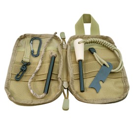 Fire Starter Survival Kit, Larger Ferro Rod with Striker Lanyard 3in Long Flint and Steel, 13.8in Wick Hemp Cord, Multifunctional Bag (Brown)