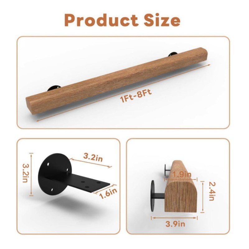 4FT- Wooden Stair Handrail,Staircase Indoor Outdoor Handrail,Wall Mounted Barrier Free