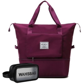 Large Capacity Travel Bag, Foldable Travel Bag, Expandable Travel Duffel Bag, Collapsible Waterproof Large Capacity Travel Handbag, Overnight Bag for Women and Man (Fuchsia+Toiletry Bag)