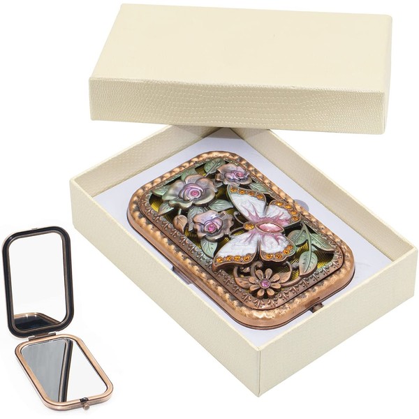 Vintage Makeup Mirror Metal Portable Foldable Mirror Butterfly Vanity Mirror Double Sided Compact Cosmetic Mirror Travel Mirror (A)