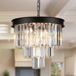 AXILIXI Modern Crystal Chandeliers 16” Black Ceiling Pendant Light Fixture 3 Tiers Dimmable Flush Mount Chandeliers Round Raindrop for Living Room Dining Room Foyer Kitchen Entryway