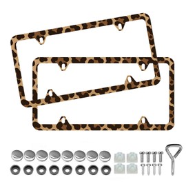 Leopard License Plate Frame - Unobstructed Narrow-Edge 2 Packs Universal Stainless Steel Car License Plate Frames Holder Solid Holder with 4 Holes Rustproof for Men Women