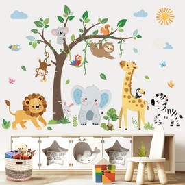 decalmile Jungle Animals Tree Wall Decals Safari Baby Animals Giraffe Elephant Lion Monkey Wall Stickers Living Room Baby Nursery Kids Room Wall Decor