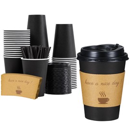 Lamosi 12 oz Disposable Coffee Cups with Lids 50 Pack, Hot Paper To Go Cups with Lids, Stir Sticks and Sleeves, for Home, Travel, Office