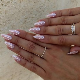 SXVME Uñas postizas de lunares almendra, uñas postizas de donut glaseadas nude rosa, diseño cromado, reutilizables, con pegamento de gel suave para bo