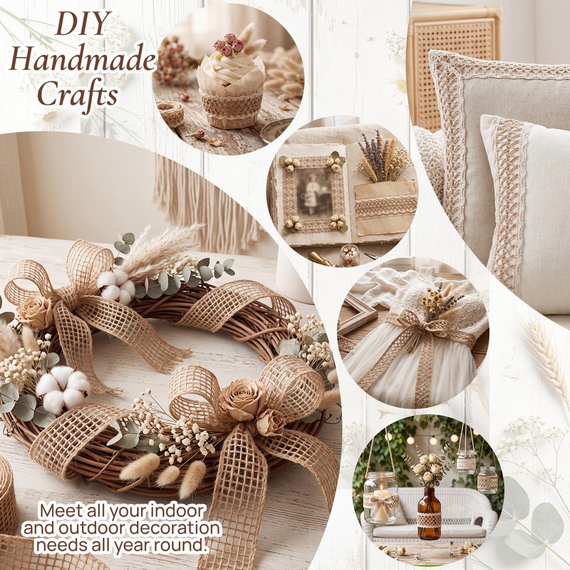 6 Rolls Wired Burlap Ribbon, Natural Jute Mesh Lace Ribbon