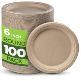 100% Compostable Paper Plates Heavy Duty - 100 Pack Biodegradable Disposable Plates - 6” Brown Disposable Dessert Plates Made of Eco-Friendly, Natural Unbleached Sugarcane Bagasse, Microwavable Plates
