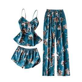 WDIRARA - Conjunto de pijama de satén de 3 piezas para mujer, estampado floral, sin mangas, playera y pantalones cortos, ropa de dormir con pantalones largos, Azul Teal, M