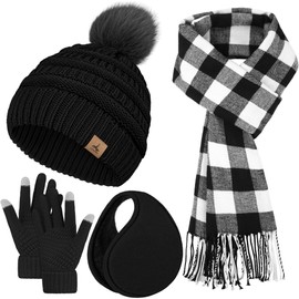 Winter Hat Scarf Gloves and Ear Warmer, Knit Warm Beanie Hat Touch Screen Gloves Long Knitted Plaid Scarf Set Gifts for Women Black
