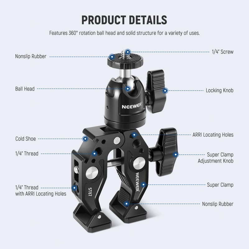 NEEWER Super Clamp with Ballhead, Cold Shoe, Holder and Action
