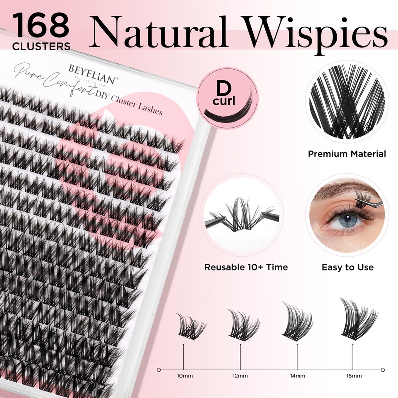 BEYELIAN Lashes Clusters D Curl 182 Pcs 10-16mm Cluster Lashes
