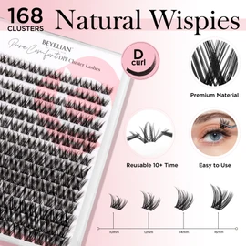 BEYELIAN Lashes Clusters D Curl 182 Pcs 10-16mm Cluster Lashes Dense Look DIY Eyelash Extensions Super Thin Band & Soft Lashes Reusable Mixed Tray Volume False Lashes (C162)
