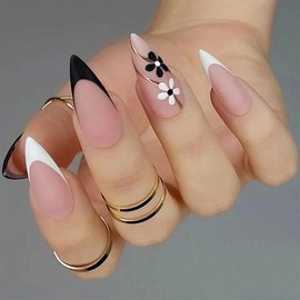Oval French Nails Tips Press On Nails Medium Almond Fake Nails with Black White Flowers Design Nude Glue on Nails Glod Stripe Matte Stick on Nails Small Florets Acrylic False Nails for Women Girls