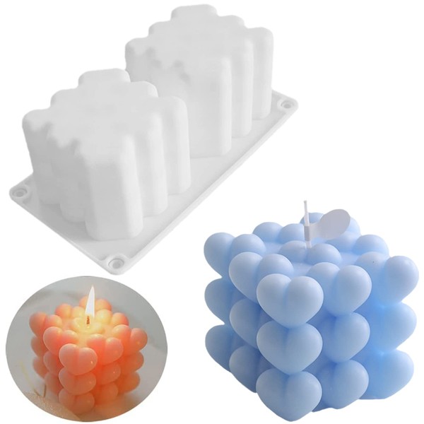LSLEVA 2 Cavity Heart Bubble Cube Silicone Candle Mold, DIY