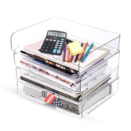 Clear Stackable Paper Trays 4 Pack, Desktop Racks with 4 File Bags, PET Clear Desk Letter Tray Set, Stackable Desk Organizer for Books, Magazines, Folders, A4 Size File Paper, Notes, Pens -Clear
