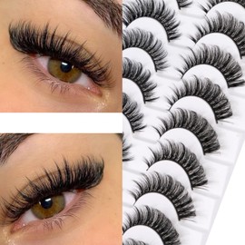 Russian Strip Eyelashes 10 Pairs D Curl Natural Curly Soft Faux Mink Lashes Material Extension Effect Natural Look Cat Eye Lashes Pack-Happy Heartbeat(iC20)