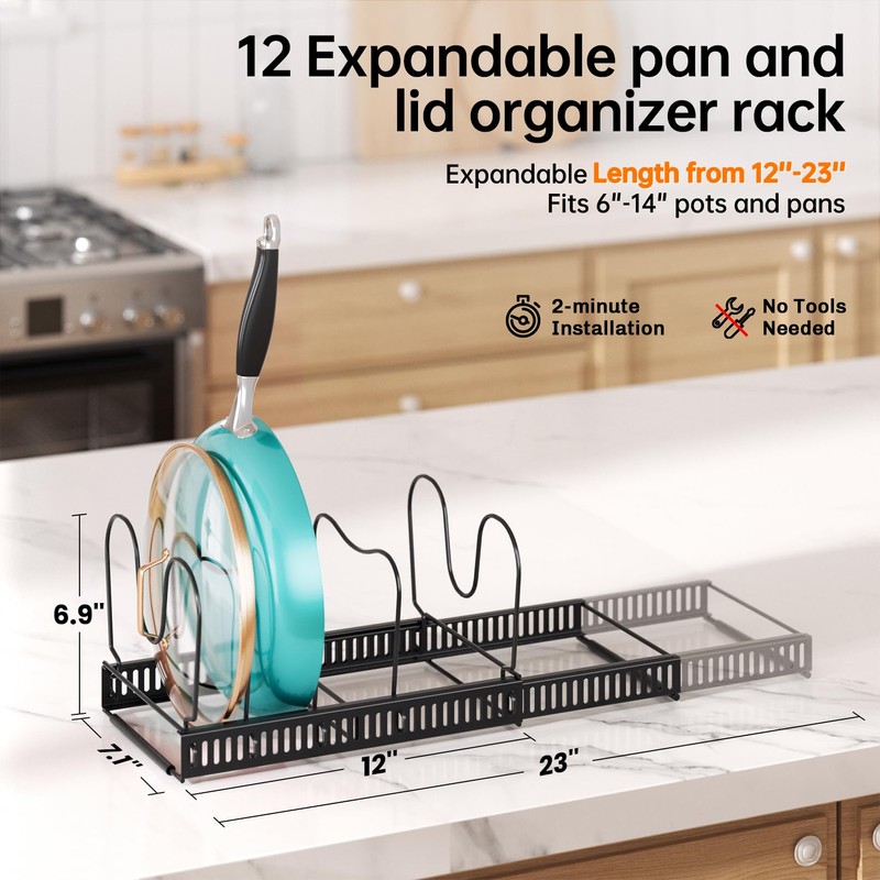 MUDEELA Expandable Pots and Pans Organizer Rack under Cabinet, Pots