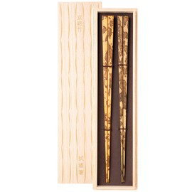 Hashikura Matsukan S-12178 Kyoto Kiyomizu Meishi Bamboo Couple Chopsticks Premium Natural Bamboo Pair Set, 9.4 inches (24 cm), Square Lacquer, Drawing Vermilion, Black, Made in Japan