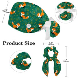 Scrub Caps Women, Surgical Caps for Women with Ponytail and Buttons, Bouffant Nurse Hat with Bow Crunchy for Long Hair, Cute Fox Ginkgo on Green Comic Cartoon Style