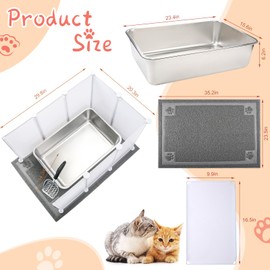 Essenhome Extra Large Giant Stainless Steel Litter Box for Cats(24 x 16 x 6 inches) with Metal Cat Litter Scoop,8 Litter Splash Shield and Cat Litter Mat,Easy Clean,Non Stick,Odor Control