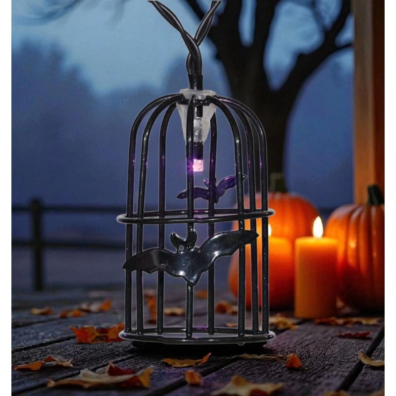 Haunted Living Purple LED Spooky Bat in Cage Lantern String