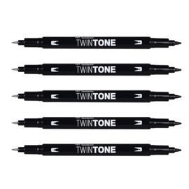 Tombow TwinTone 0.8 and 0.3mm Double Tip Marker Pens - Black (Pack of 5)
