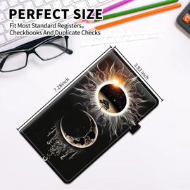 AIRWEE Checkbook Cover,PU Leather Standard Register Checkbook Case with RFID Blocking - Check Book Cover Case Wallet for Women Duplicate Check Card Pen Holder,Moon and Sun