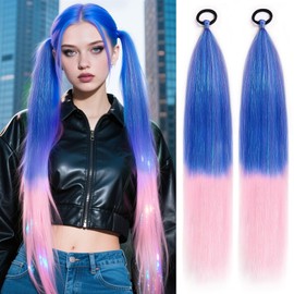 2 Pack Tinsel Ponytail Extension with Tie, Tinsel Colored Braided Ponytail, Blue and Pink DIY Festival Wacky Rave Braids, 26 Inch