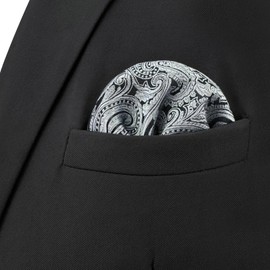 SHLAX&WING Men's Silver Black Paisley Silk Pocket Square, 12.6 x 12.6 inches (32 x 32