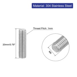 QUARKZMAN 4 Pieces Threaded Rods, M6 x 20 mm, 304 Stainless Steel, Threaded Rod with Metric Full Thread, M6-1 Threaded Screw for Furniture and Machine Assembly