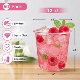 12 oz Disposable Stemless Wine Glasses, 50 Pcs Crystal Plastic Cocktail Cups Clear Classic Cold Drinking Party Glasses for Wedding Gathering Birthday Meeting (Pink)