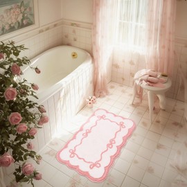 Softania Scallop Bow Bathroom Rug - Pink Bow Scalloped Bath Mat, Super Soft, Washable and Non-Slip, Cute Aesthetic Bath Mats for Bathroom, Shower, Tub, Sink, Home Decor (32x20 inch)