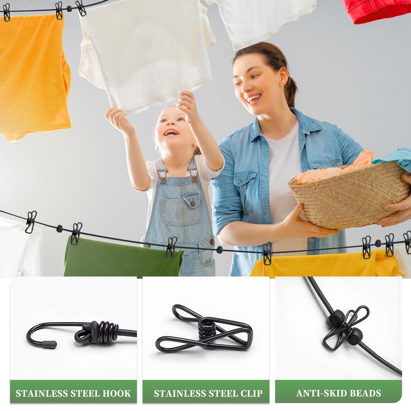 BODFPPC Travel Washing Line with 12 Clips, Portable Windproof Retractable