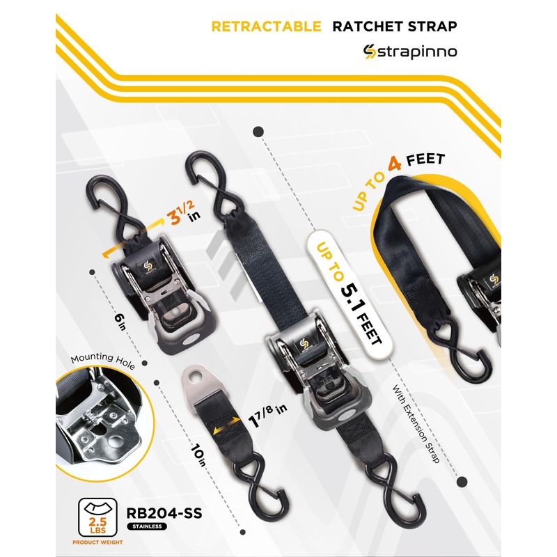 Strapinno 2PCS Stainless Steel Retractable Ratchet Straps (1 7/8 in