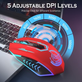UHURU Gaming Mouse, Wireless Gaming Mouse with 6 Buttons 7 Changeable LED Color up to 10000 DPI, Rechargeable USB Gamer Mouse for PC Laptop (Red)