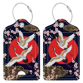 2 Pcs Luggage Tag for Suitcase, Japanese Crane Sakura Unique Leather Suitcase Tags with Full Privacy Cover Stainless Steel Loop for Women Men Travel Baggage Bag Backpack