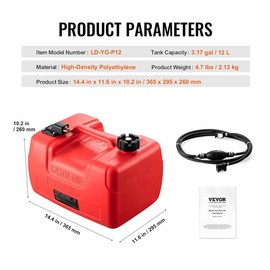 VEVOR Marine Fuel Tank, Max 14.53 Gallon/55L, Portable Boat Fuel Gas Tank for Outboard Engine Boats, Plastic Outboard Marine Boat Fuel Tank with Hose, Easy to Carry for Yacht, Fishing Boat, Deck Boat - Capacity: 3.17 Gal / 12L