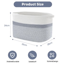 MEETOZ Woven Storage Basket, Cotton Rope Storage Basket with Handle, Square Shelf Baskets for Toys, Books, Shoes, Decorative Baskets for Living Room Bedroom Bathroom Organisation, 33x28x24cm (Grey)