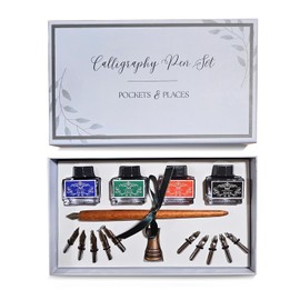 Pockets & Places Calligraphy Pen Set & Gift Set for Art, Antique Brass Holder Includes Wooden Dip Pen for Writing 10 Nibs, 4 Colors Ink Set Bottles and Beginner's Manual for Calligraphy Enthusiasts