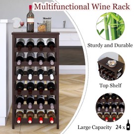 STELLSTAR Bamboo Wine Rack, 24 Bottles Wine Display Storage Shelves with Table Top, 6 Tier Wobble-Free Floor Free Standing Table Wine Organizer, Brown