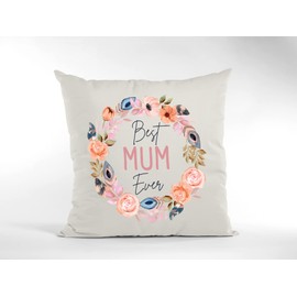 Mother's Day Cushion Cover - Best Mum Ever Flower Wreath Scatter Cushion Home Accessory Pillow Bedroom Funny Mother's Day Mum Mummy - Natural Canvas 50x50cm