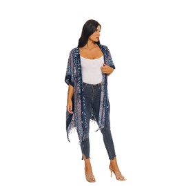 Beautybatik Dark Blue Women Hippie Gypsy Boho Printed Kimono Cardigan Shawl Wrap Swimsuit Cover Up Jacket One Size