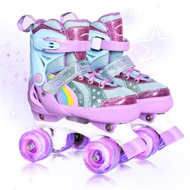 Roller Skates for Girls Age 3-12 | Rainbow Toddler Roller Skates for Kids Ages 3-5 | 4 Size Adjustable | Light Up Quad Roller Skates for Girls Boys Beginners, Birthday Gift for Outdoor Sports