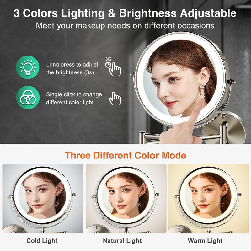 GREENFROM Rechargeable Wall Mounted Makeup Mirror Brushed Nickel, 8.5'' Magnifying