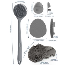 Manmihealth Silicone Back Scrubber & Soft Bath Glove Set 4 PCS(Thin Bristles), Super-Exfoliating Body Scrubber & Super-Lathering Shower Brush Combination, with 2 Free Hooks (Gray)