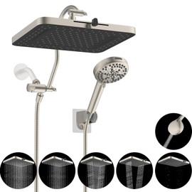 Hibbent cUPC Certified High Pressure 13'' Dual Shower Head Combo with 10-mode Handheld Spray, Rainfall 5-spray Shower Head, 12'' Adjustable Extension Arm, 71'' Hose, Showerhead Holder, Brushed Nickel