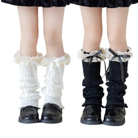 KASESSS 2 Paia Morbidi Scaldamuscoli Bambina, Scalda Muscoli Invernali Calzini Lunghi Con Fiocco In Pizzo Arricciato, Graziosi Leg Warmers Per Bambine E Ragazza Dai 6 Ai 12 Anni, Bianco Nero